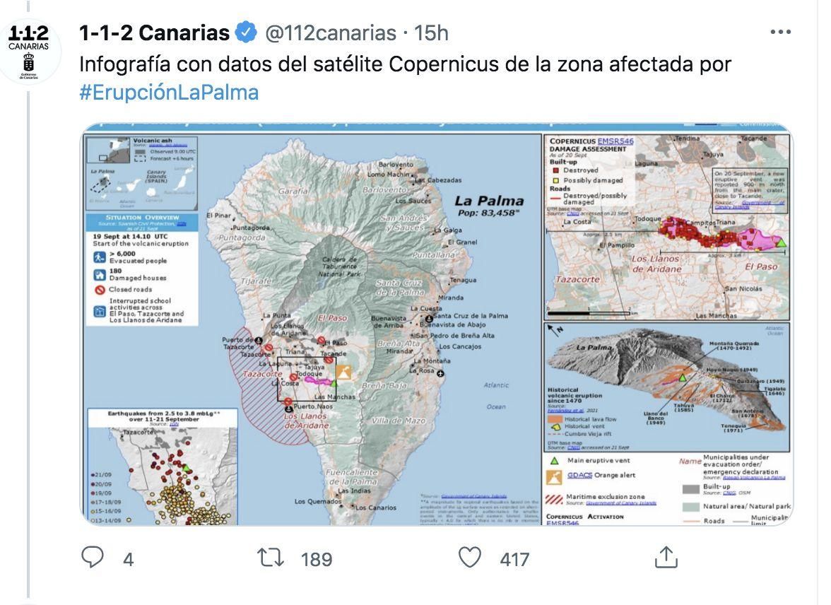 Infografía con datos del satélite Copernicus de la zona afectada por la erupción volcánica en La Palma. Twitter 112 Canarias.