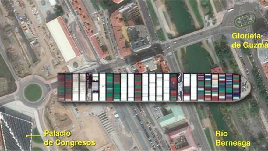 El buque también ocuparía una extensión similar a la que hay entre Guzmán y la glorieta de la Estación de Ferrocarril.