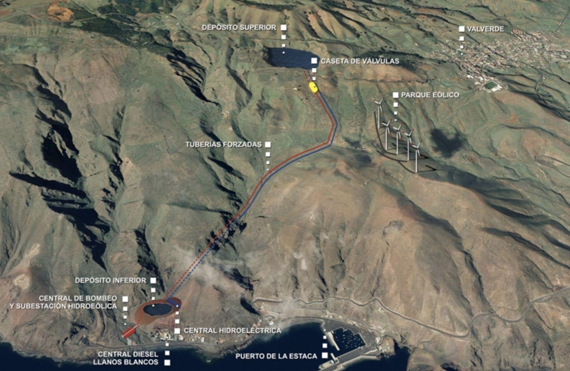 Mapa sobre la estrutura de la central hidroeólica Gorona del Viento en El Hierro.