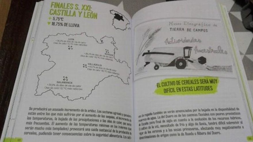 Interior del libro con datos concretos sobre cambio climático en Castilla y León.