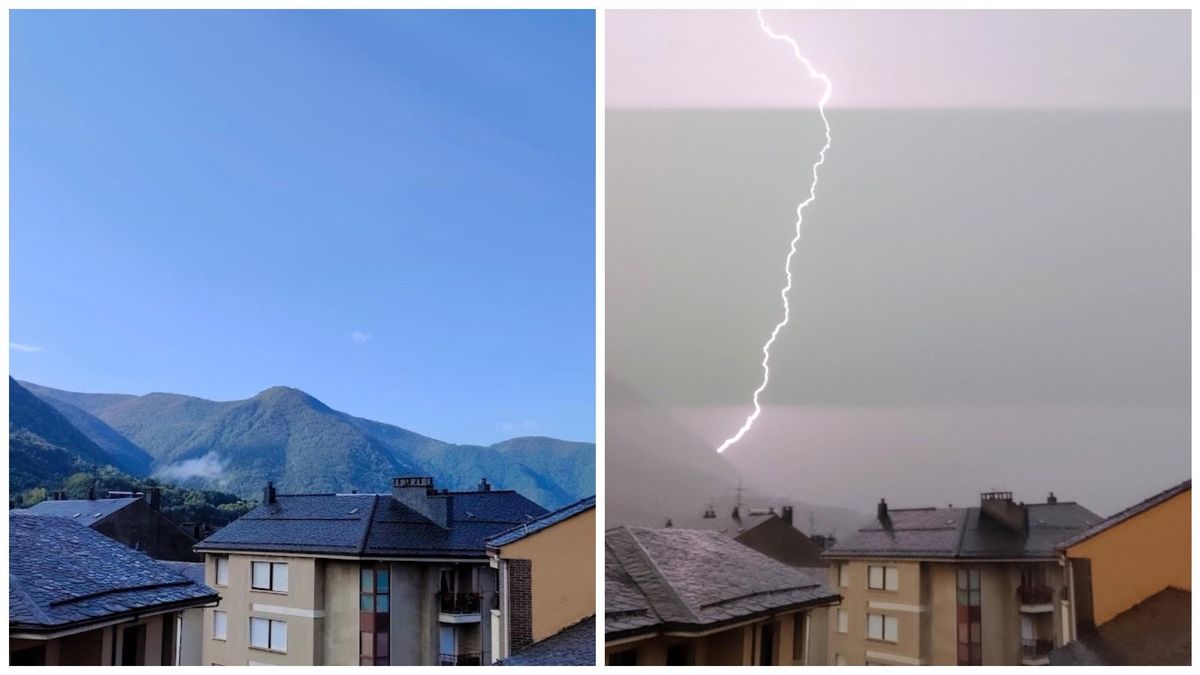El mismo paisaje desde Villablino con apenas diez minutos de diferencia, del sol a la tormenta.