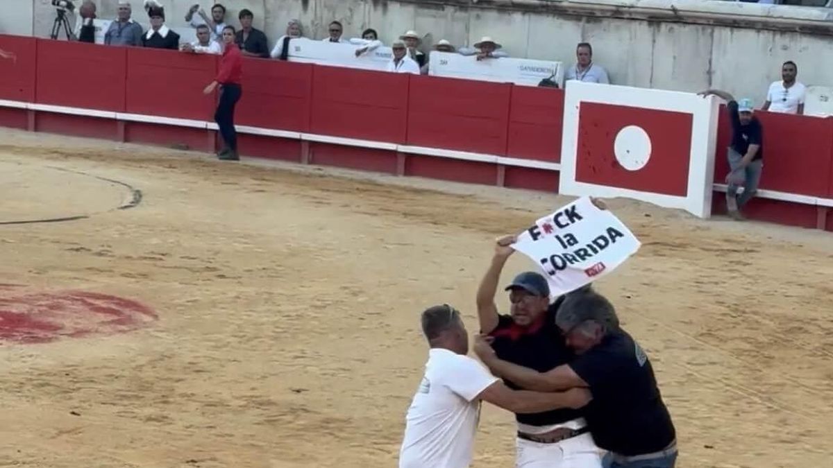 Un activista de PETA se cuela en una plaza de toros de Nimes para denunciar la "sangrienta crueldad" de la tauromaquia