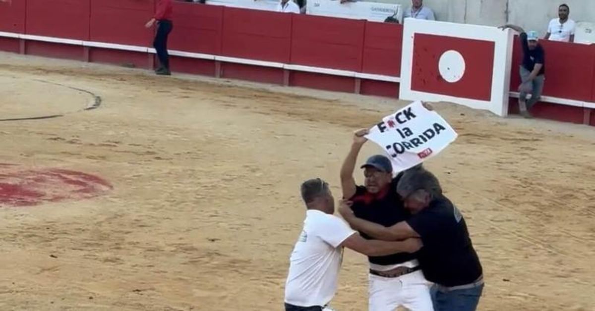 Un activista de PETA se cuela en una plaza de toros de Nimes para denunciar la “sangrienta crueldad” de la tauromaquia