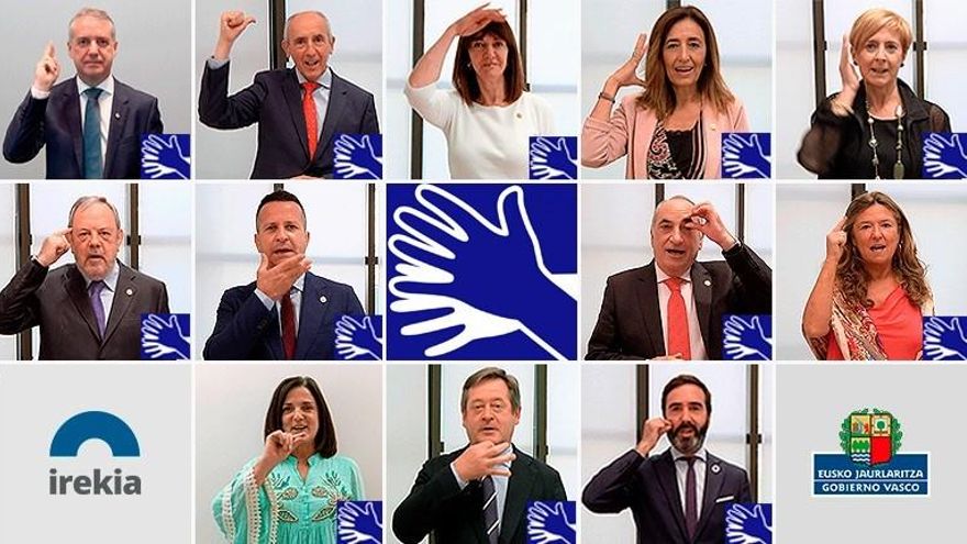 Imagen de los integrantes del Gobierno Vasco mostrando sus nombres en lengua de signos