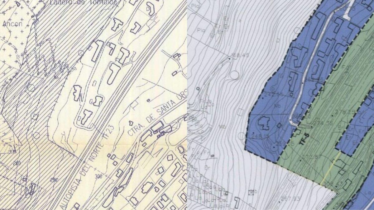 A la izquierda, plano del Plan Especial de El Rincón, de 1997; a la derecha, PGO de Santa Úrsula, de 2004. Puede observarse cómo la zona urbana (pintada en azul) aumenta su superficie alrededor de 1.500 metros cuadrados