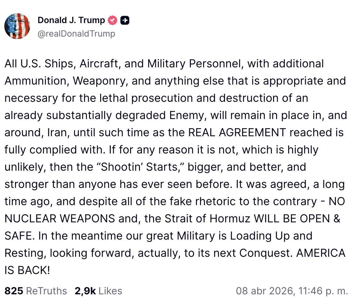 Truth Social de Trump sobre Irán.