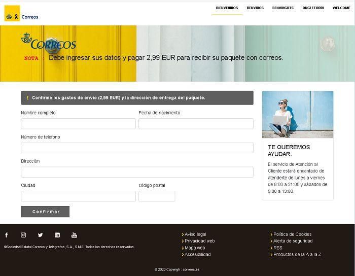 Página fraudulenta que suplanta la identidad de Correos