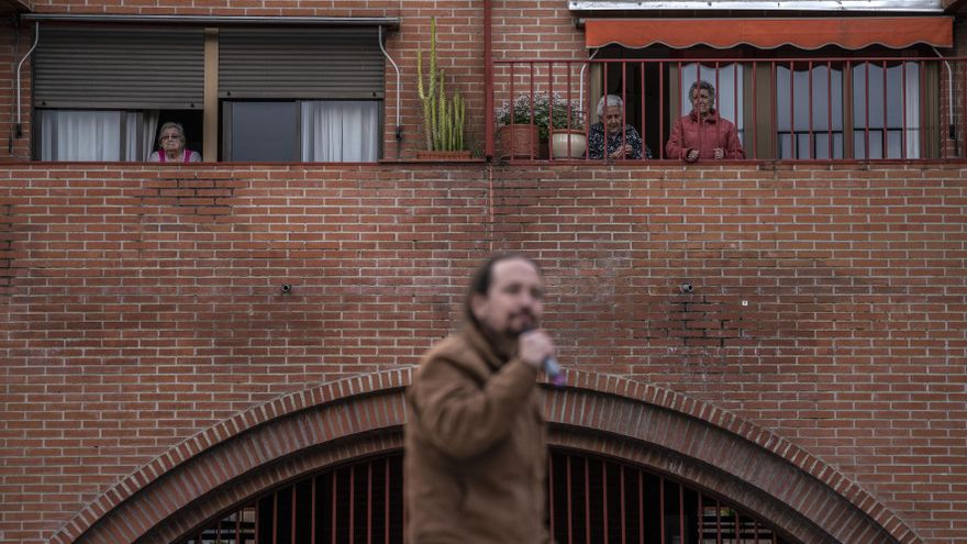 El candidato de Unidas Podemos el 4M, Pablo Iglesias, durante su discurso este viernes en un mitin en Vallecas (Madrid).