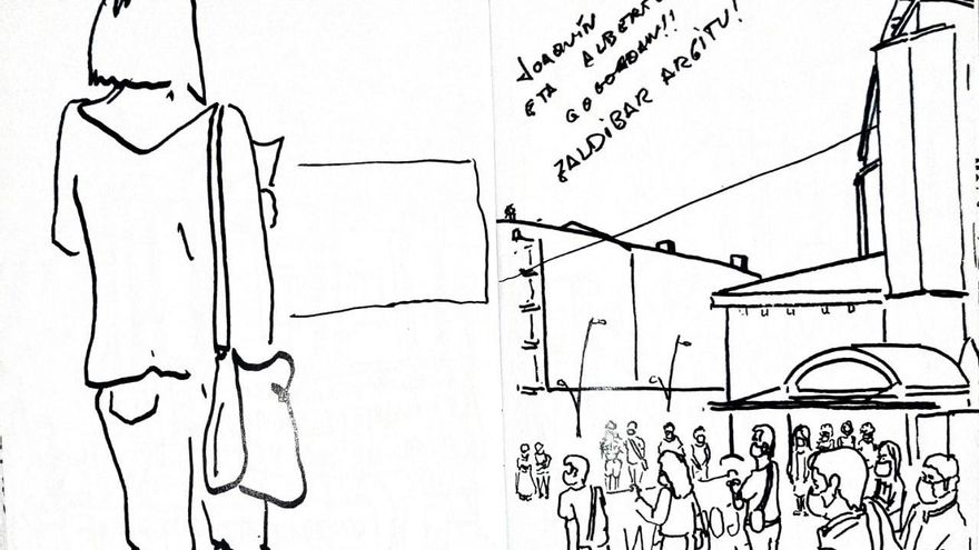 Dibujo de las manifestaciones por el vertedero de Zaldibar