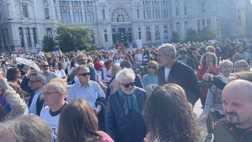 Pedro Almodóvar, en la plaza de Cibeles, donde confluye la manifestación por la sanidad pública de Madrid.