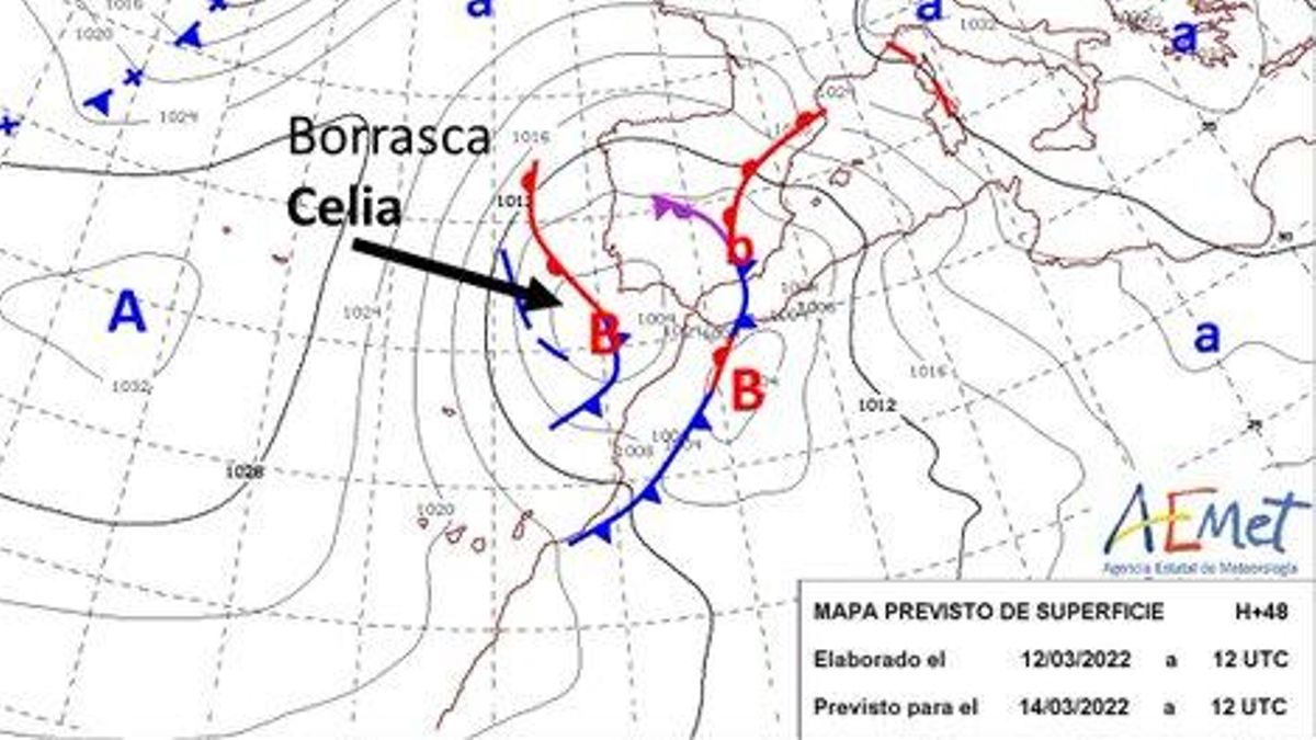 Borrasca Celia al noreste de Canarias, a donde se prevé que llegue el próximo lunes.