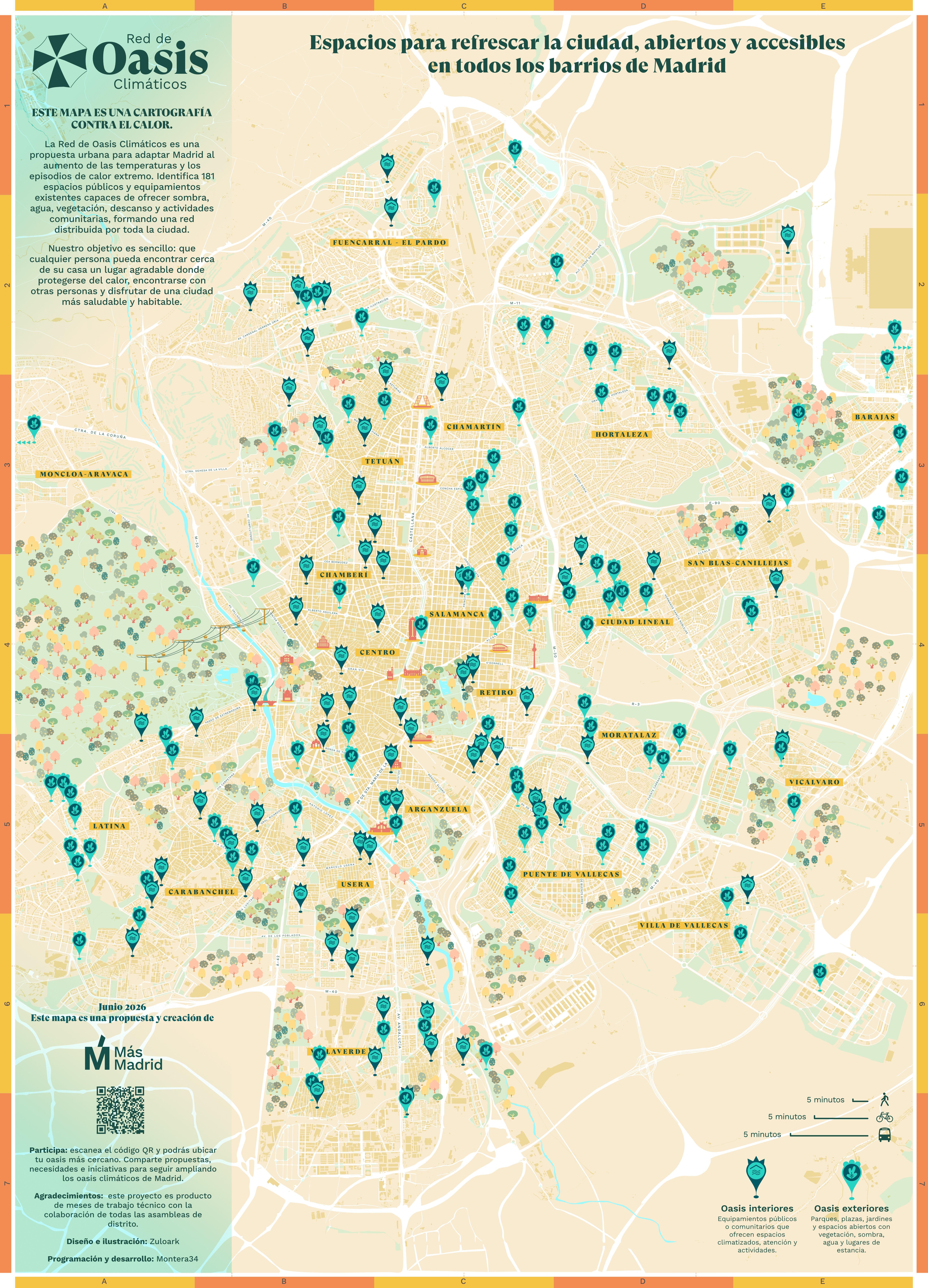 Mapa de la red de oasis climáticos de Más Madrid