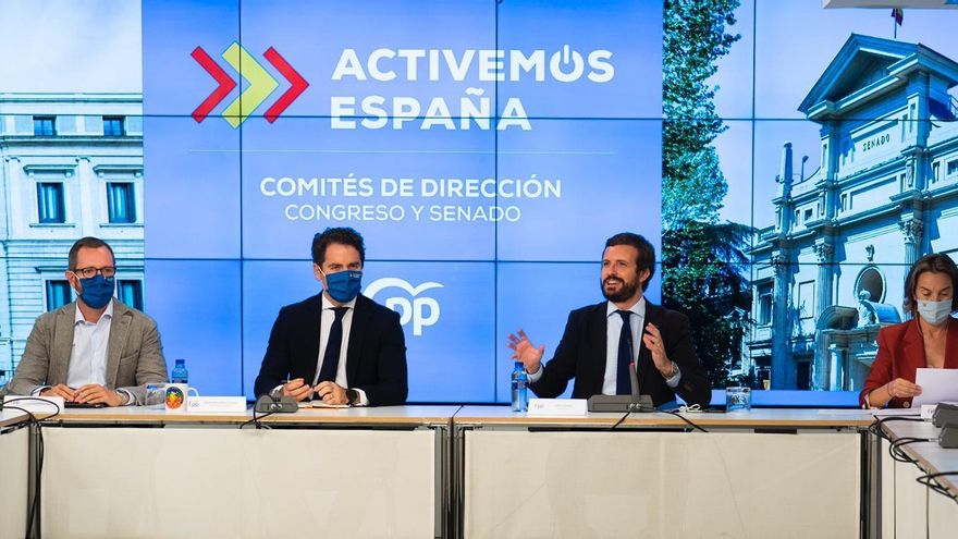 El presidente del PP, Pablo Casado, preside la reunión con los comités de dirección del Grupo Popular. Asisten también Teodoro García Egea, Cuca Gamarra y Javier Maroto. En Madrid, a 14 de septiembre de 2020.