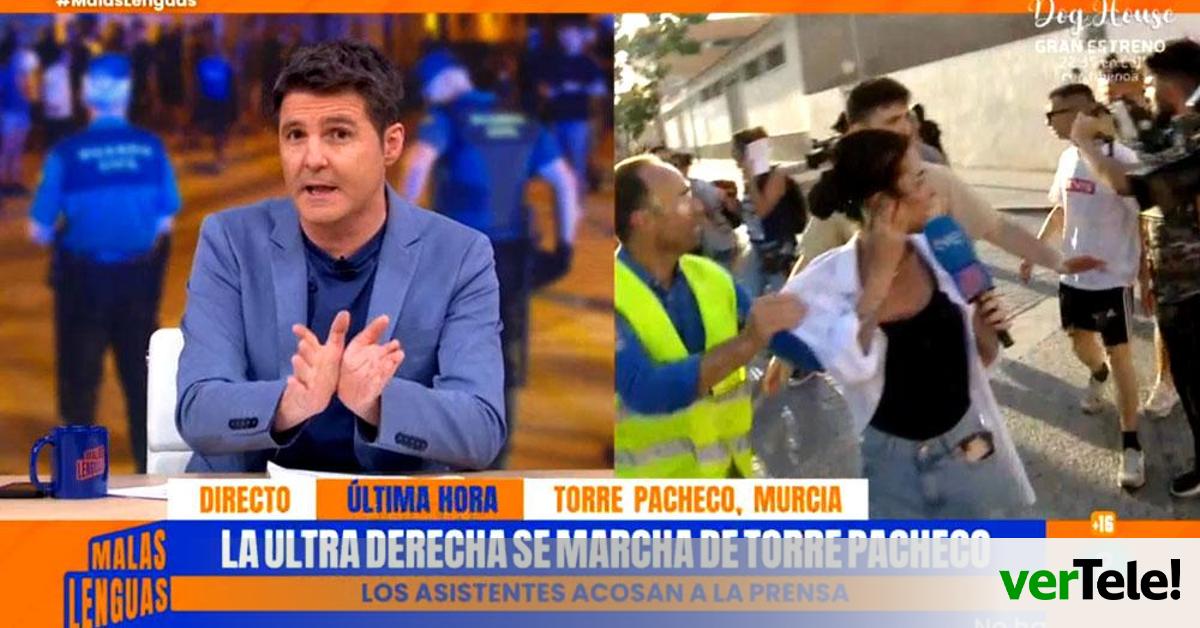 El presidente de RTVE denuncia el acoso a la reportera de 'Malas lenguas'  en Torre Pacheco que acabó escoltada por la policía | video 1