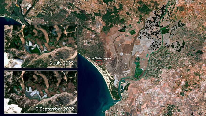 Imagen del satélite Sentinel 2 del proyecto Copernicus que muestra la pérdida de agua en dos meses en Santa Olalla.
