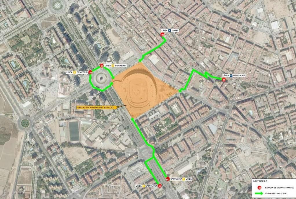 Ubicación de las paradas de Metrovalencia que darán servicio al nuevo estadio.