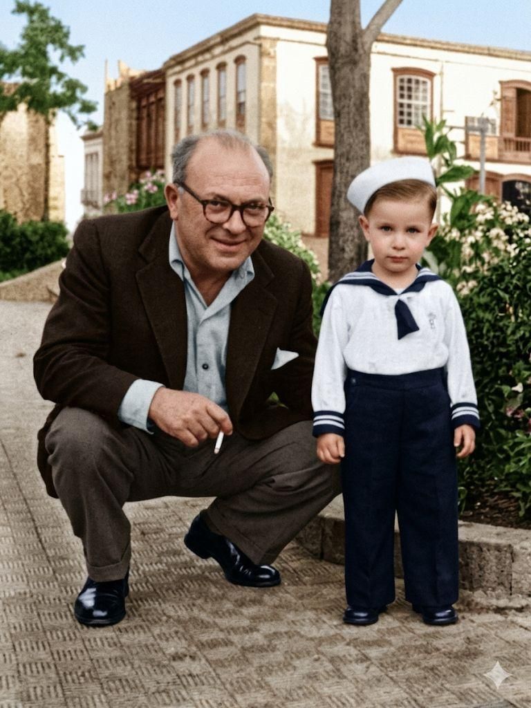 Don Crispiniano de Paz con su sobrino Marcelo Rodríguez Fuertes. Pertenece al libro Crispiniano de Paz. Coloreada con IA.