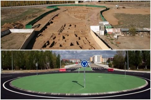 Así quedó el yacimiento de 'Ad Legionem' en 2013, bajo el asfalto tapado por una rotonda.