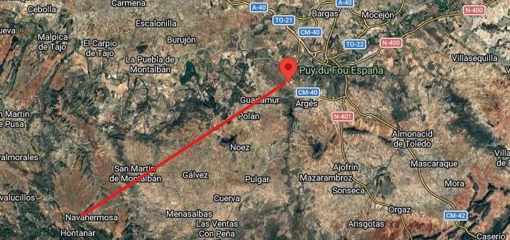 Distancia entre el Puy du Fou y los límites con los Montes de Toledo, unos 50 kilómetros