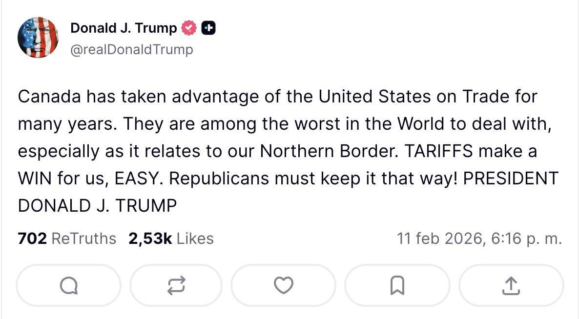 Truth Social de Trump sobre los aranceles a Canadá.