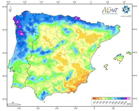 Mapa de la distribució històrica de precipitacions en la península ibèrica.