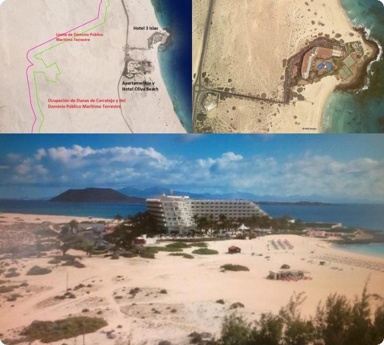 Vista de las Dunas de Corralejo, con los hoteles Riu y el límite del dominio público.
