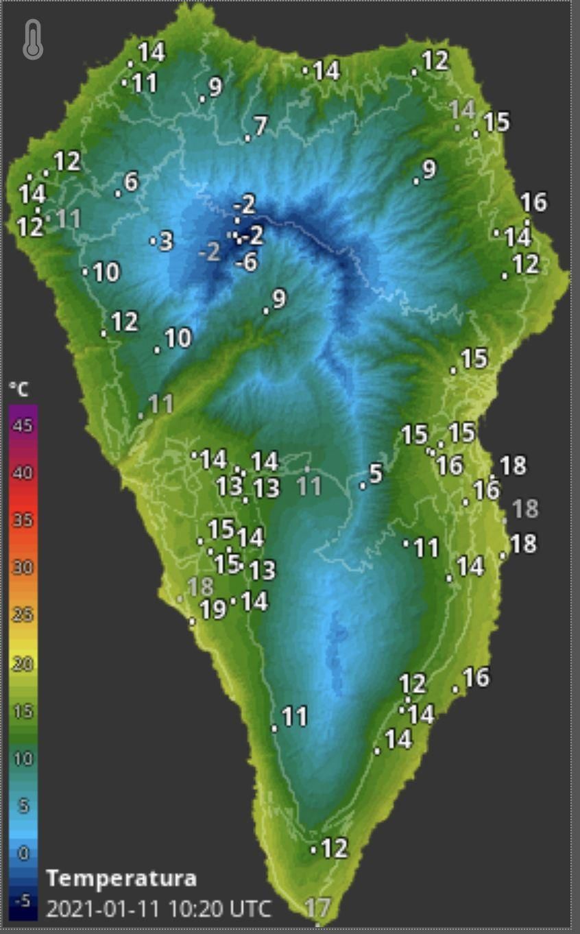 Mapa de HD Meteo La Palma donde se indica la temperatura que, a las  10.20 horas de este lunes,  11 de enero de 2021, se registraba en distintos puntos de la Isla.