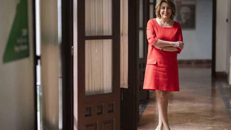 La secretaria general del PSOE de Andalucía, Susana Díaz, durante la entrevista concedida a Europa Press. En Sevilla (Andalucía, España), a 03 de abril de 2021.