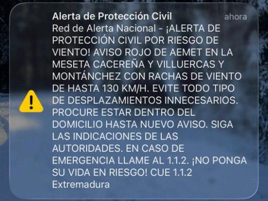 Alerta enviada por Protección Civil en Extremadura.