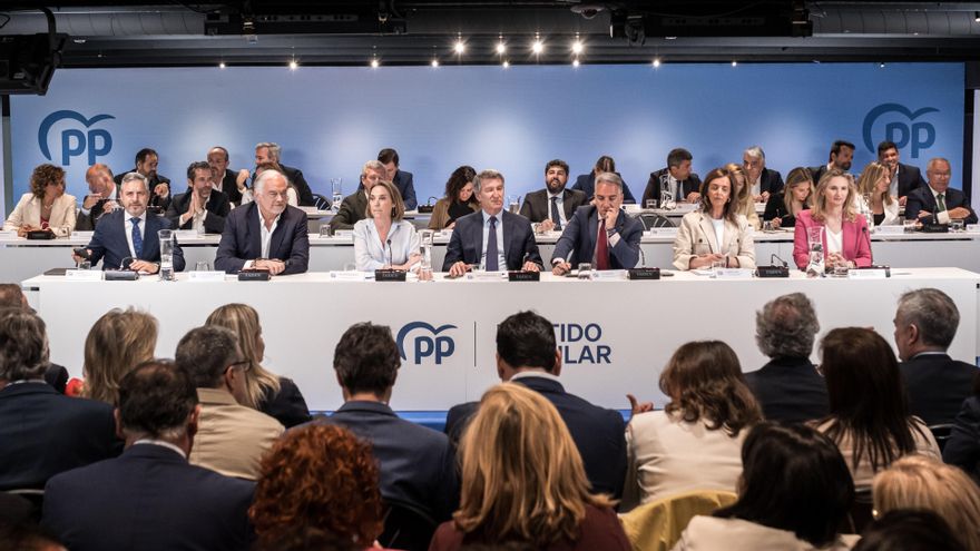 El presidente del Partido Popular, Alberto Núñez Feijóo, preside la reunión de la Junta Directiva Nacional del Partido Popular (PP) en la sede de calle Génova, a 19 de mayo de 2025, en Madrid (España).