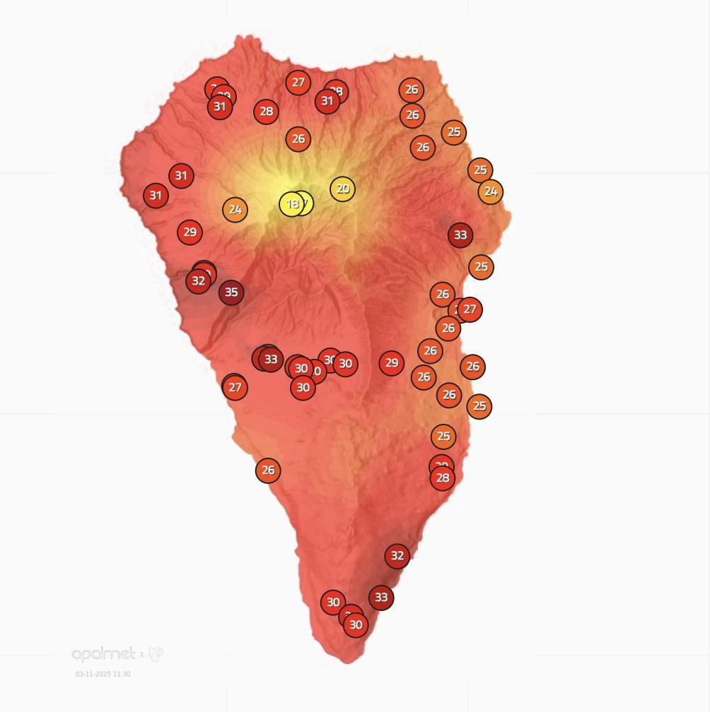 Mapa de la Apalmet de la temperatura en diversos puntos de La Palma este lunes, 2 de noviembre, a las 11.30 horas.
