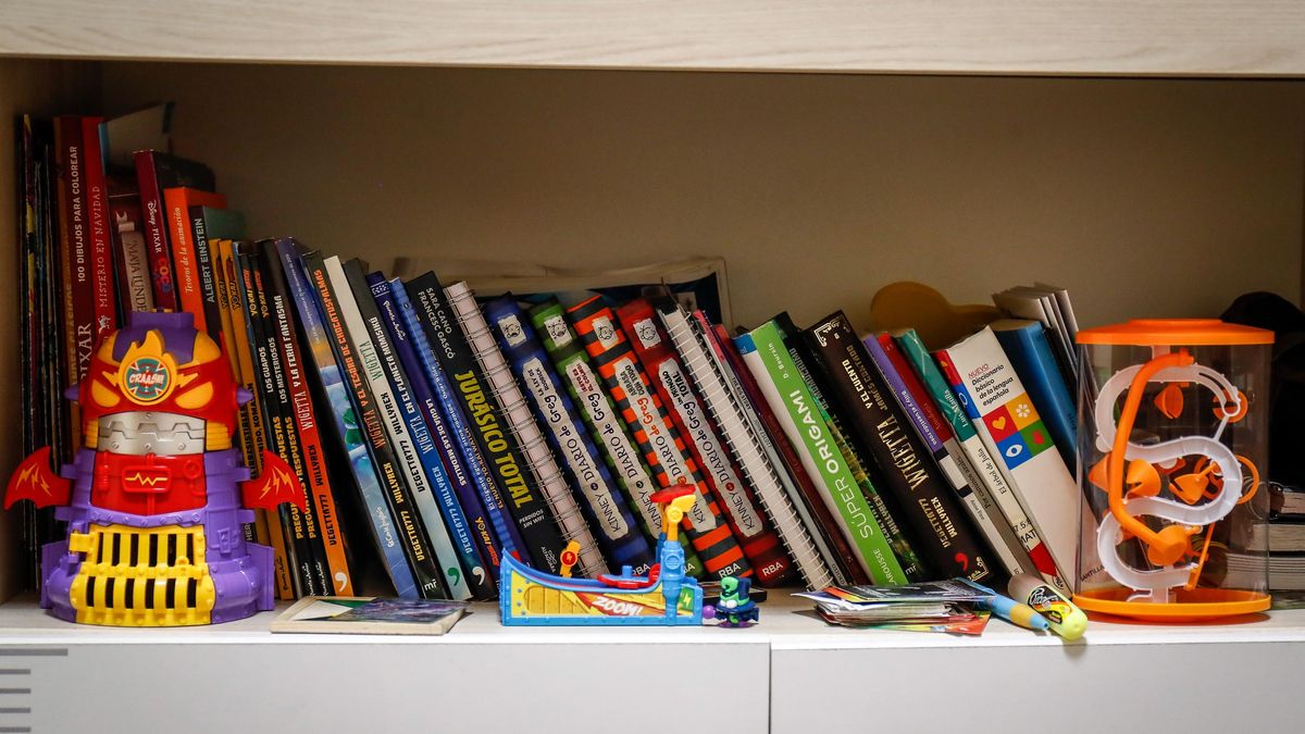 Archivo - Estantería de un niño en su cuarto con libros y juguetes.