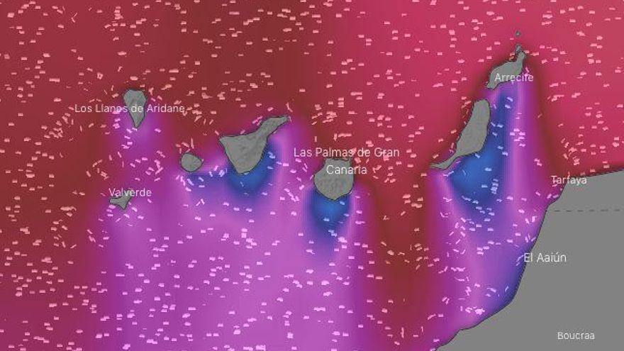 Oleaje previsto para el jueves 9 de diciembre. Los colores rojizos son olas de más de 3 metros, mientras que los azulados son olas más pequeñas