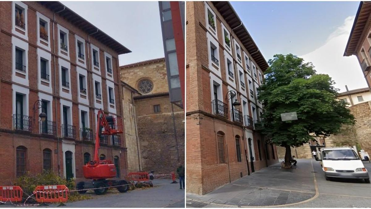 El árbol talado junto a la muralla de León (i), en una imagen de hace cuatro meses, a la derecha.