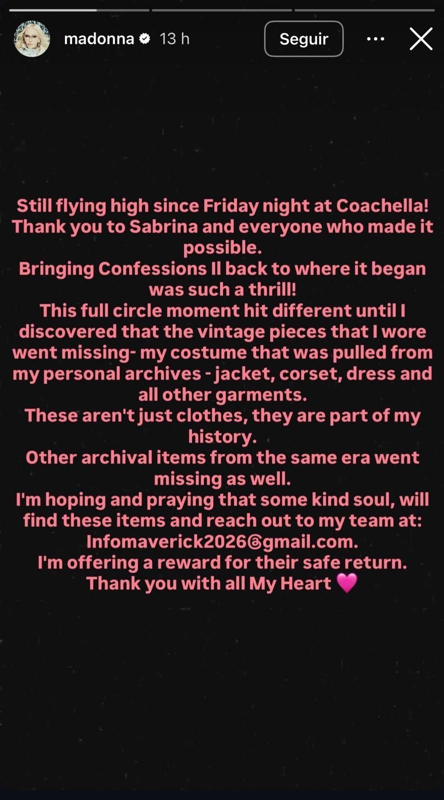 Madonna denuncia el robo de su vestuario a través de sus redes sociales