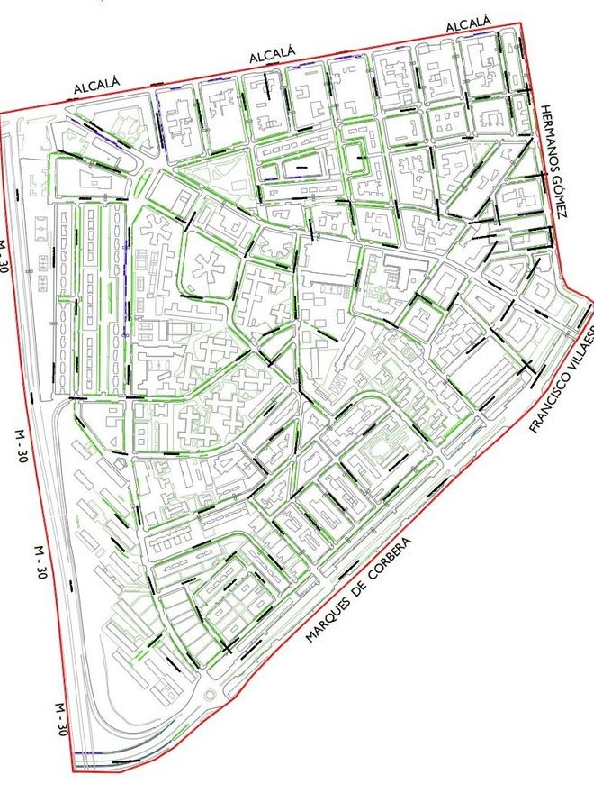 Distribución de plazas verdes y azules del SER en el barrio de Ventas