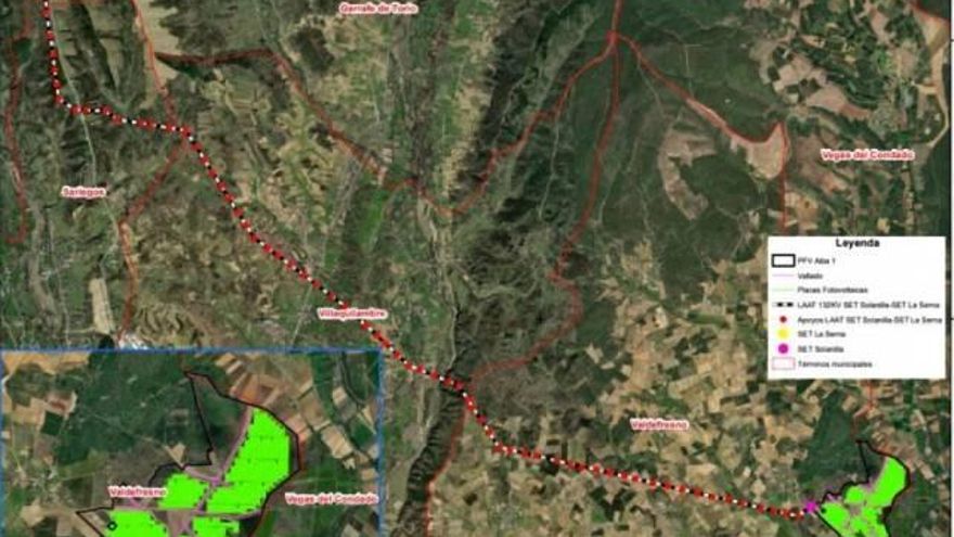 Distribución del nuevo parque solar previsto y toda la nueva línea eléctrica de evacuación hacia Cuadros.