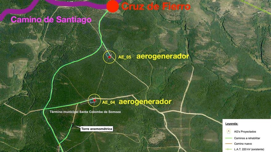 Mapa de la situación de los aerogeneradores a pocos kilómetros del Camino