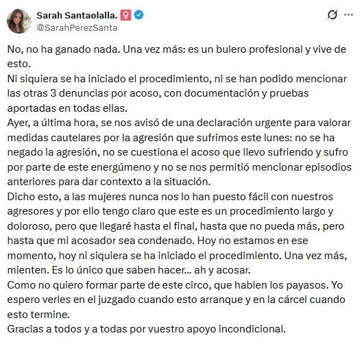 Mensaje de Sarah Santaolalla respondiendo al anuncio de Vito Quiles