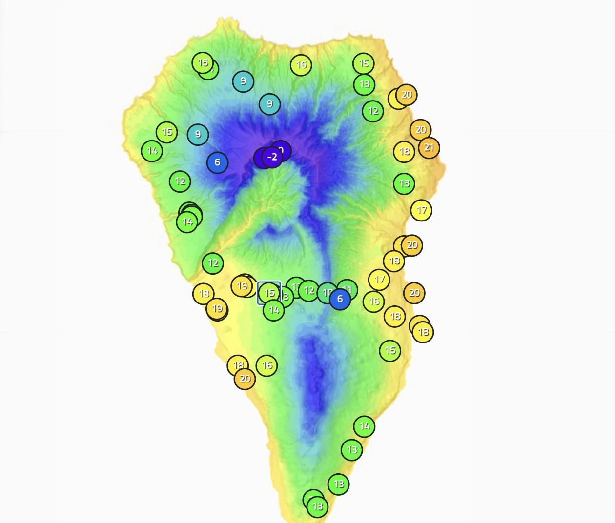 Mapa de Apalmet de las temperaruras que se registraban este lunes, 29 de abril, a las 09.30 horas, en diferentes puntos de La Palma.