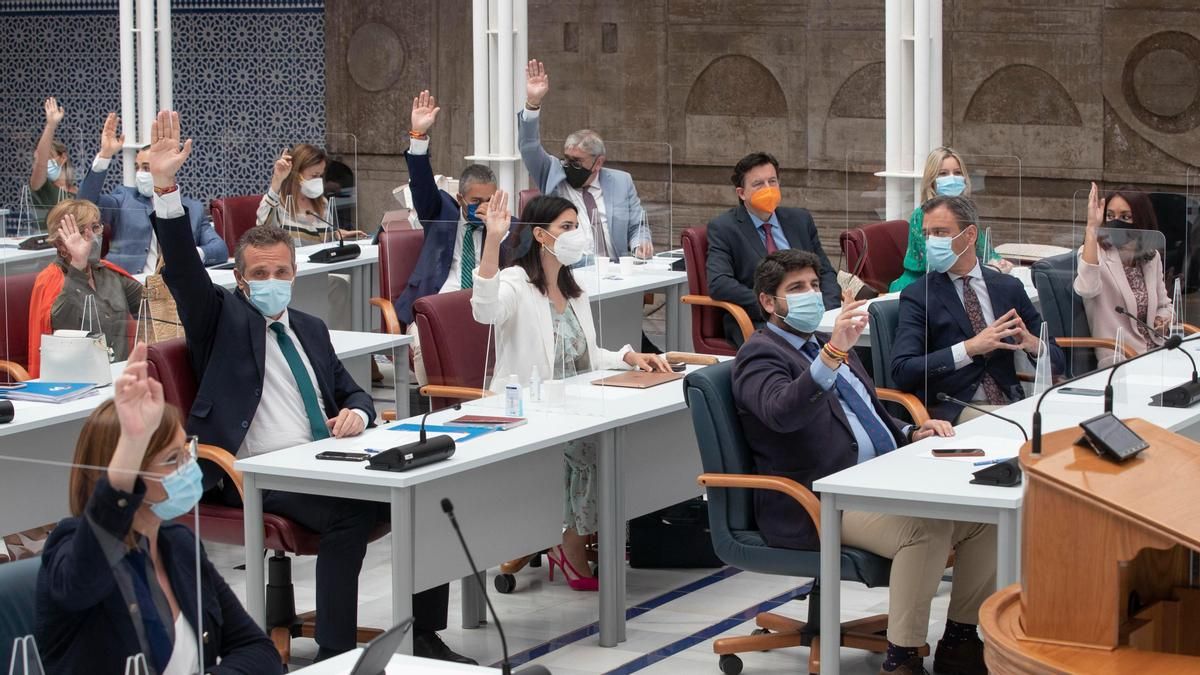 Votación durante una sesión plenaria en el parlamento autonómico murciano