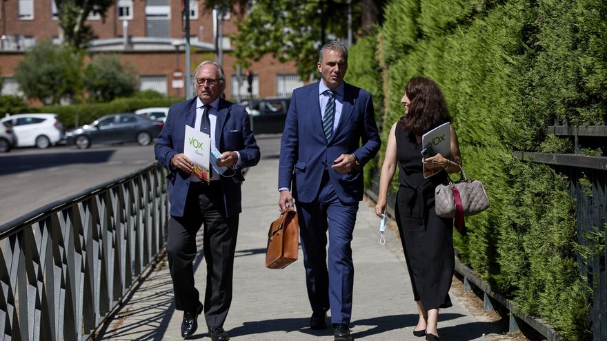 Archivo - (I-D) El diputado nacional Juan José Aizcorbe; el secretario general de Vox, Javier Ortega; y la vicesecretaria jurídica de la formación, Marta Castro, a su llegada al Tribunal Constitucional