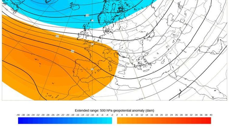 Figura 2. Predicción de las anomalías de presión a 500 hPa (5 000 km) para las próximas semanas. El color azul corresponde a presiones más bajas y el rojo a presiones más altas de lo normal, o sea, a una situación anticiclónica.