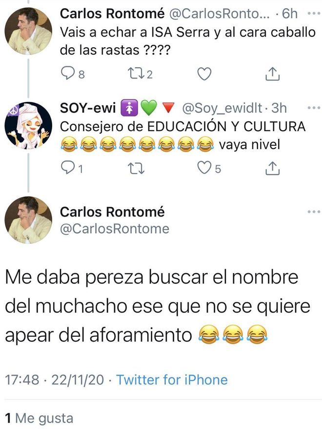 Tweet del consejero Carlos Rontomé hablando del diputado Alberto Rodríguez como el "cara caballo de las rastas"