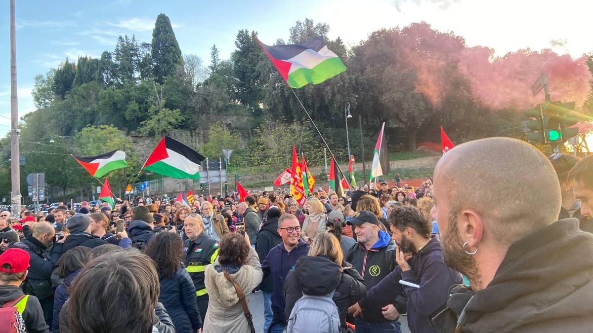 Manifestación en Roma contra "la economía de guerra, los recortes y el genocidio en Gaza". En la cabecera, la relatora de la ONU, Greta Thunberg, José Nivoi, artistas y escritores italianos 