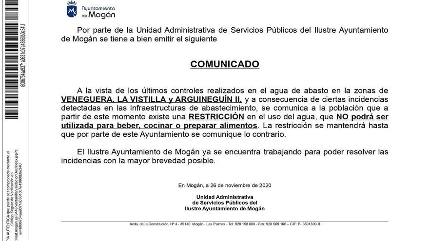 Primer comunicado emitido por el Ayuntamiento de Mogán.