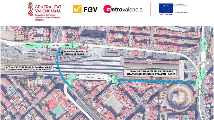 Plano de las pasarelas que enlazarán la estación de Germanías con las de Xàtiva y Bailén.