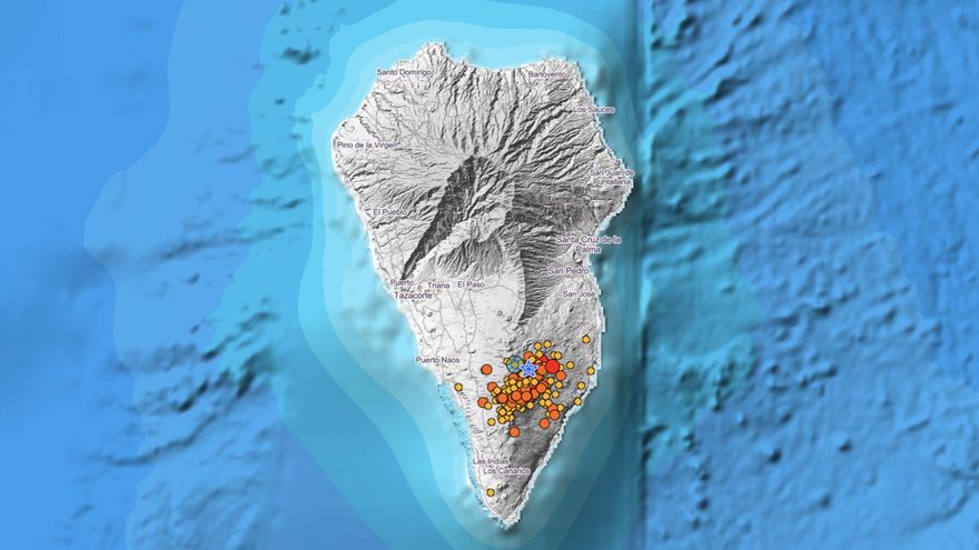 Relación de los últimos terremotos registrados en La Palma y mapa el que se indica el lugar donde han sido localizados.