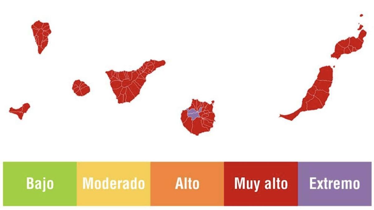 Mapa de riesgo por radiación solar en Canarias.