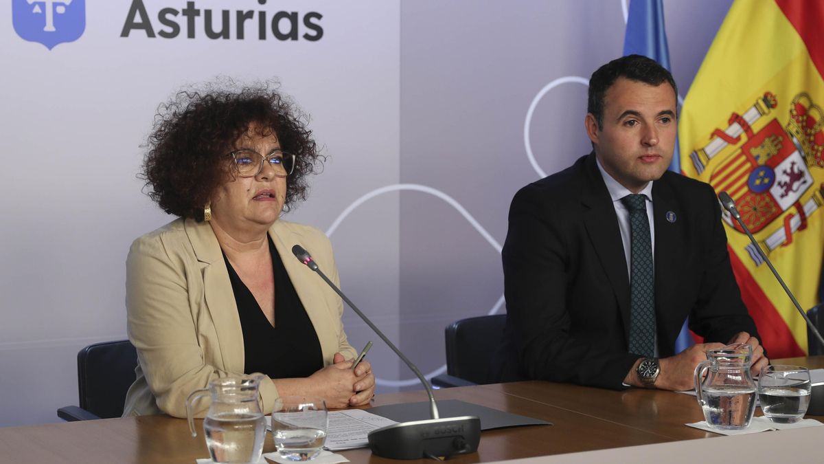 El portavoz del Gobierno asturiano, Guillermo Peláez, junto a la consejera de Derechos Sociales, Marta del Arco, atienden a los periodistas este lunes en Oviedo.